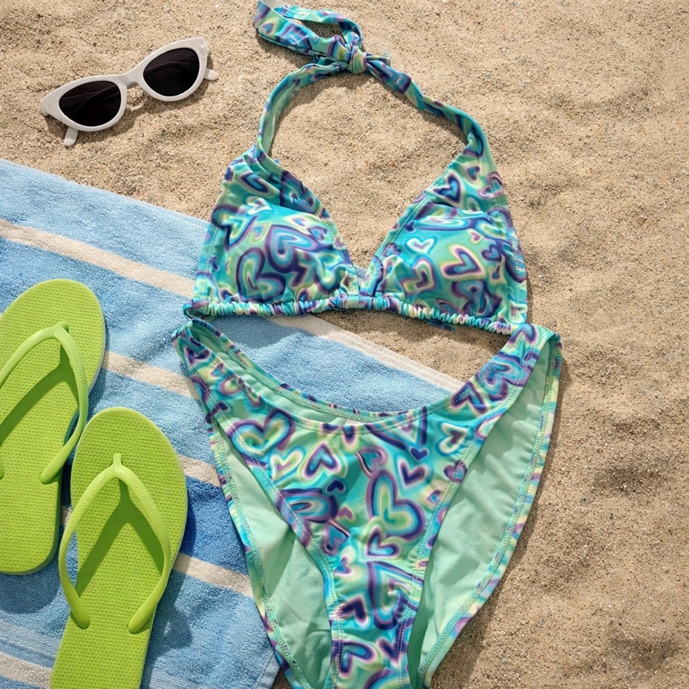 Wild Fable Heart Print Bikini Set Halter Top High Leg Bottom Small NWT